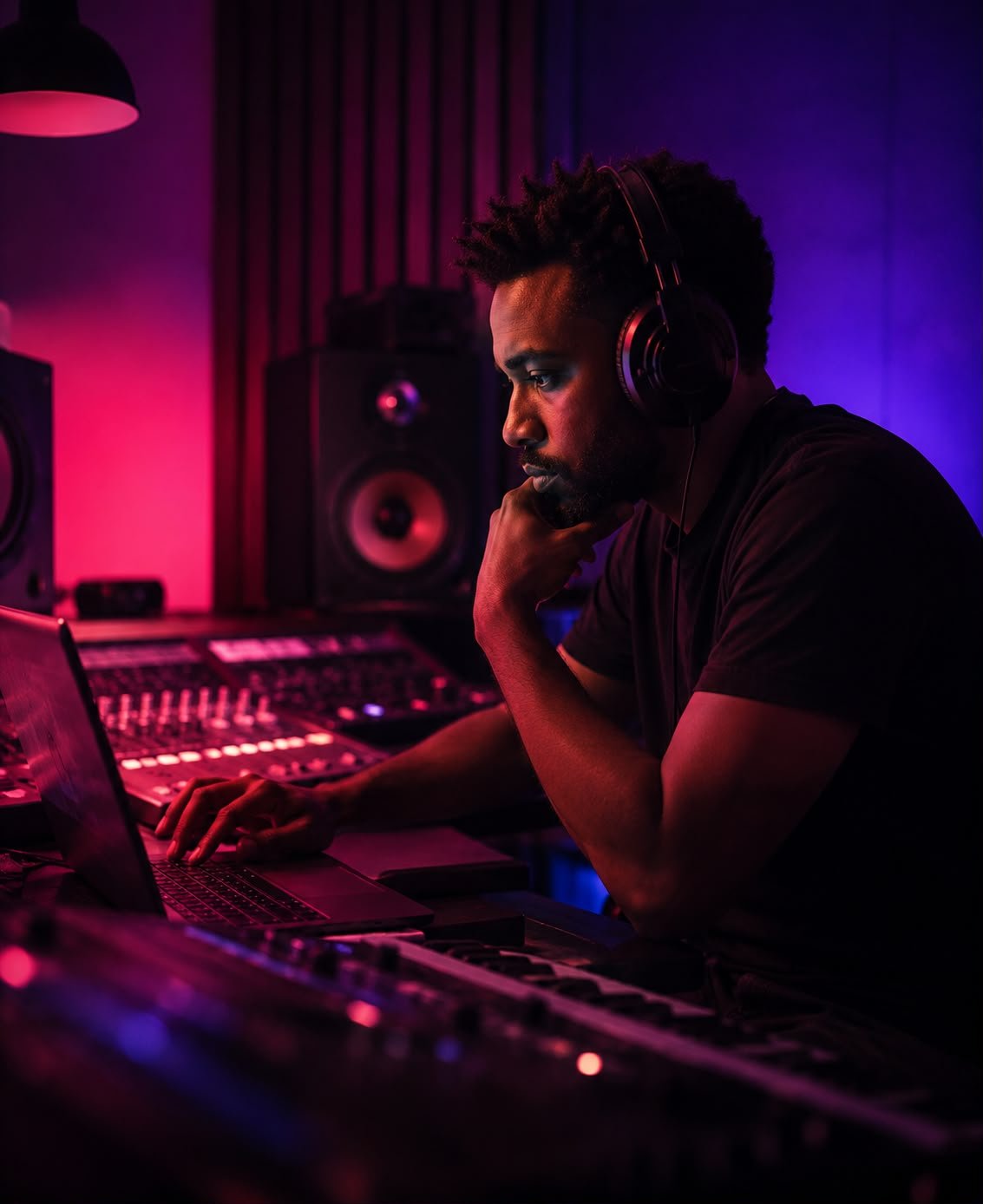 Produtor analisando repertório em estúdio profissional
